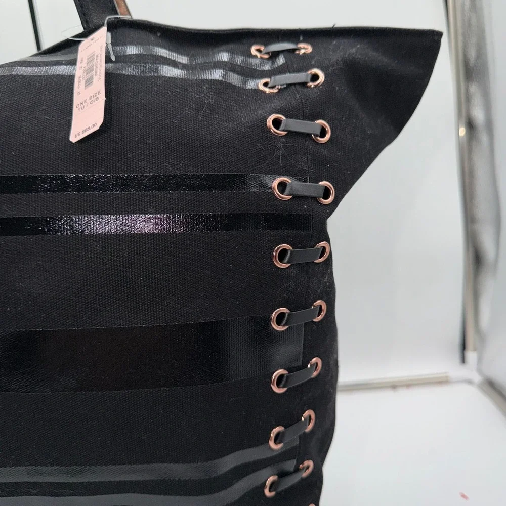 Victorias Secret Black Striped Lace Up Canvas Tote Bag Rose Gold Grommets NWT - Picture 6 of 11
